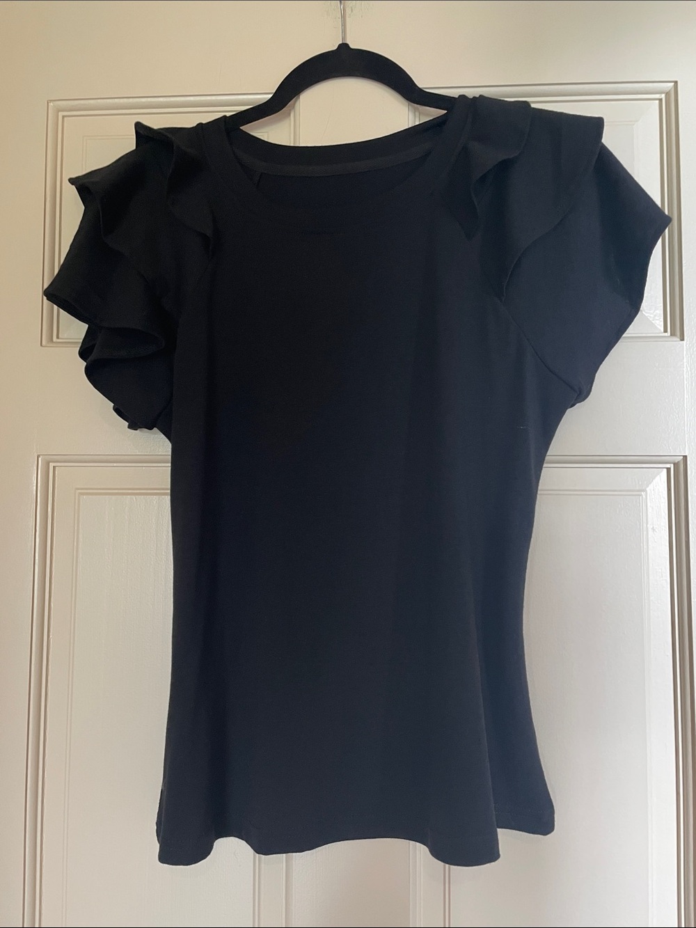 Women's Black Short Sleeve Top with Ruffle Sleeves